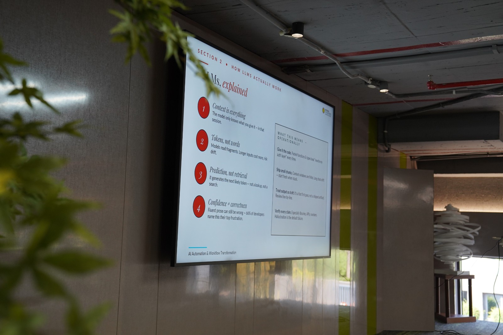 The session screen showing “LLMs, explained” — context, tokens, prediction and confidence — with a panel of operational consequences beside them.